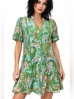 Gigio USA Lightweight Green Paisley V-Neck Tunic Boho Dress